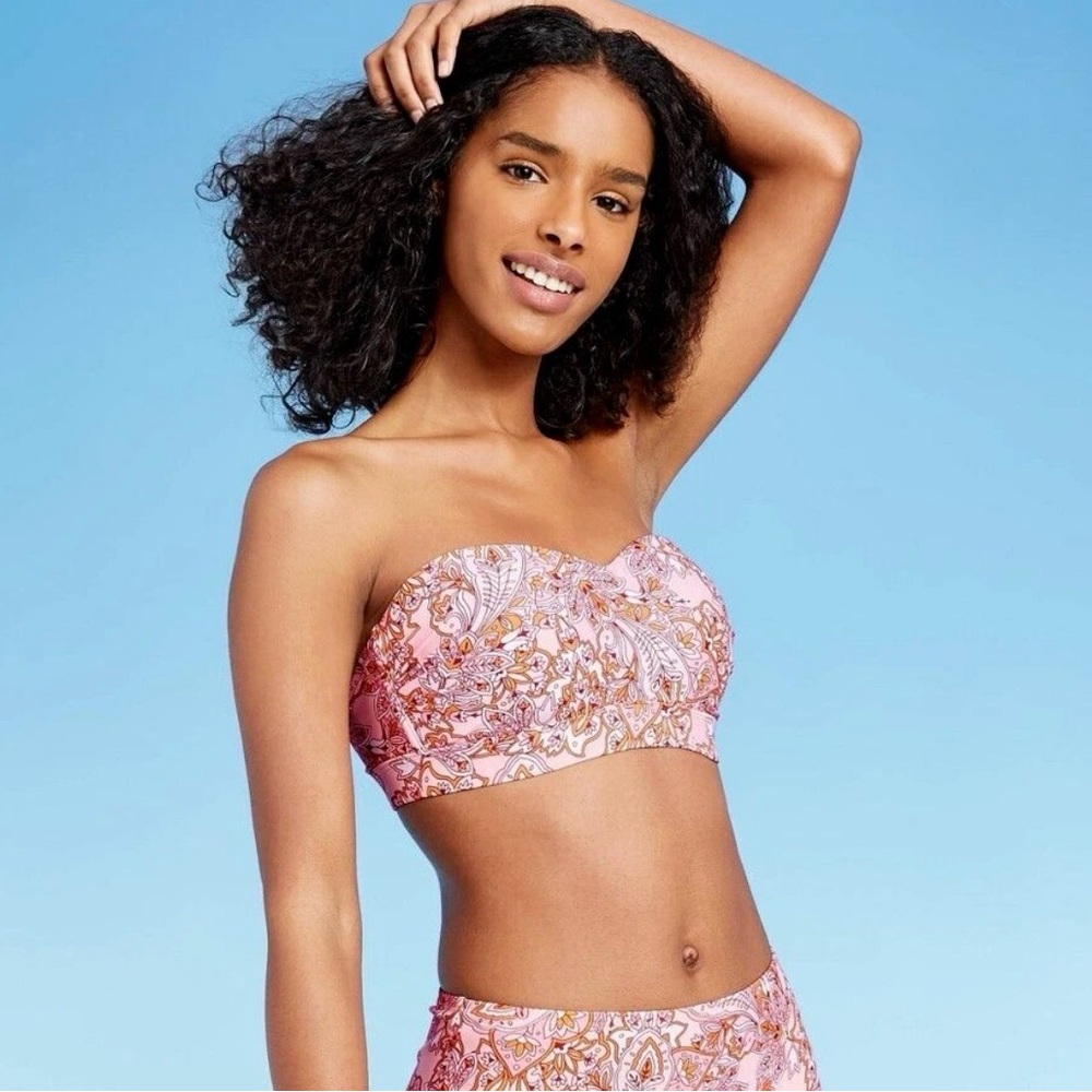 Kona Sol Women's Bandeau Bikini Top Pink Paisley Top Size Small Bottoms Large